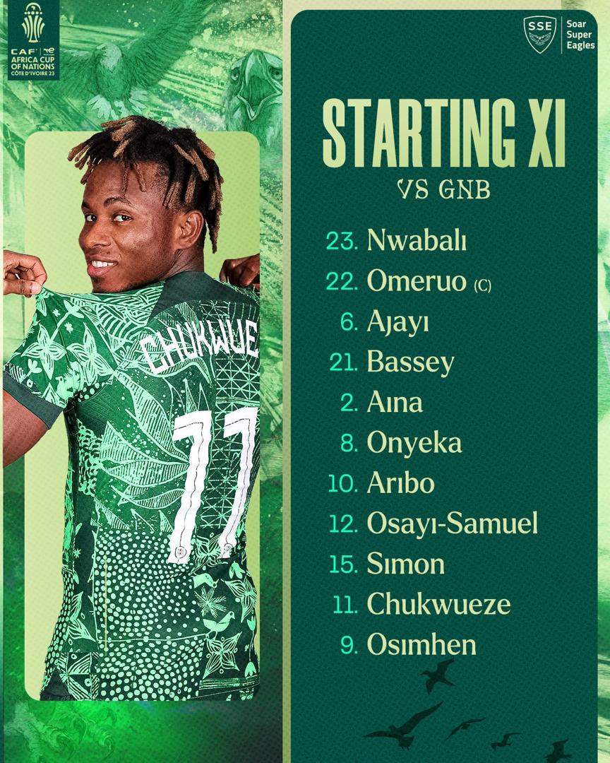 Monitor Nigeria Vs Guinea Bissau match taking place now. Nigeria 1 The Super Eagles will play their historic 100th game in the competition on Monday when they take on Guinea-Bissau in their last group match in the ongoing Africa Cup of Nations in Cote d'Ivoire. The Super Eagles will play their historic 100th game in the competition on Monday when they take on Guinea-Bissau in their last group match in the ongoing Africa Cup of Nations in Cote d'Ivoire. IMG 20240122 WA0038