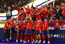 Spain lifts Euro 2024 trophy after beating England 2-1 in the final, at the Olympiastadion in Berlin, Germany.