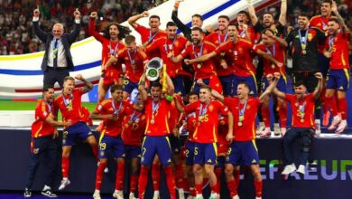 Spain lifts Euro 2024 trophy after beating England 2-1 in the final, at the Olympiastadion in Berlin, Germany.