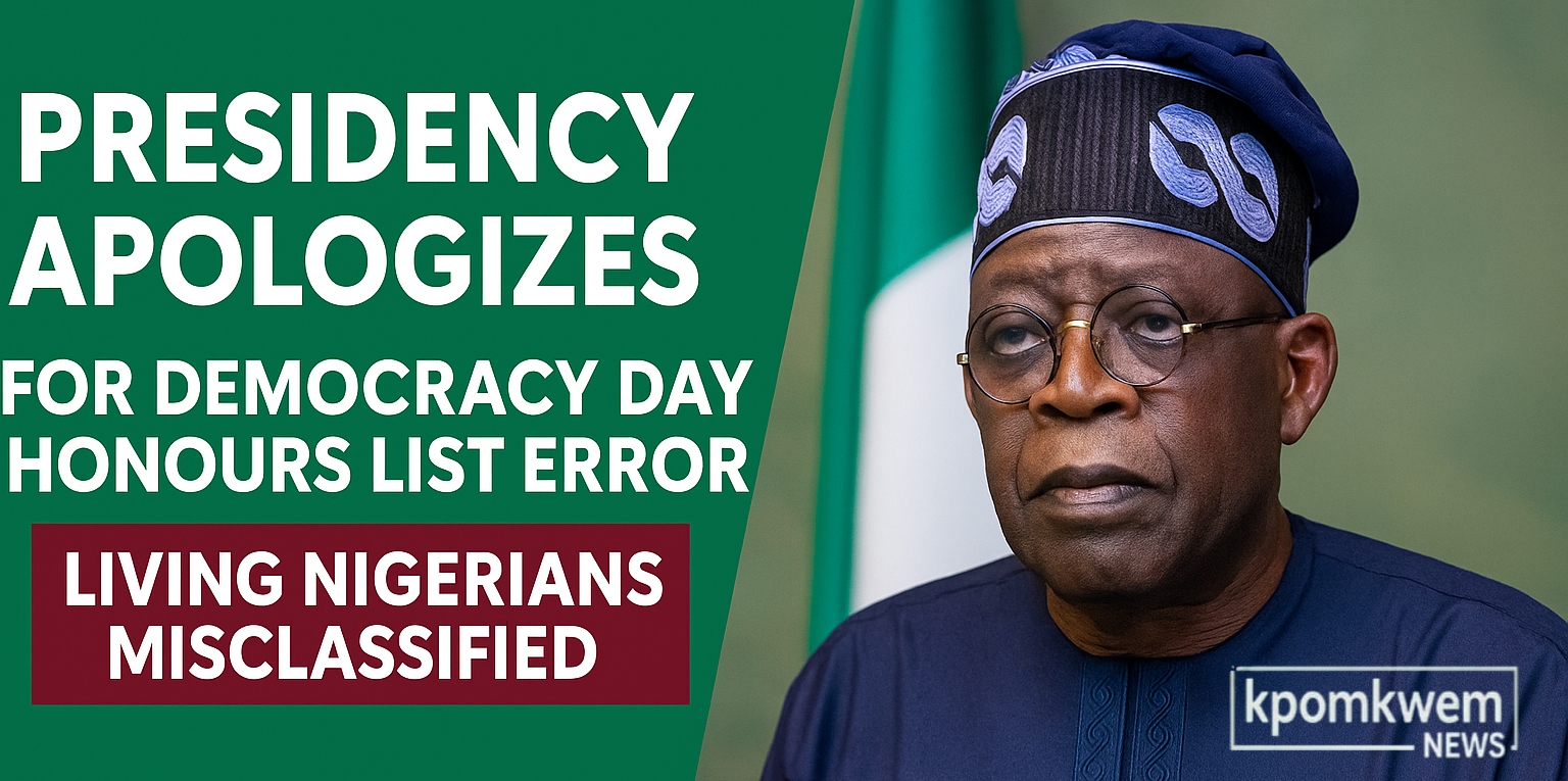 Presidency Apologizes for Honours List Error – Living Nigerians Misclassified 1 Although the incident occurred during the Democracy Day celebrations on June 12, it has continued to stir reactions well into late June, especially after the Special Adviser to the President on Information and Strategy exposed the oversight. Although the incident occurred during the Democracy Day celebrations on June 12, it has continued to stir reactions well into late June, especially after the Special Adviser to the President on Information and Strategy exposed the oversight. Presidency Apologizes for Honours List Error – Living Nigerians Misclassified